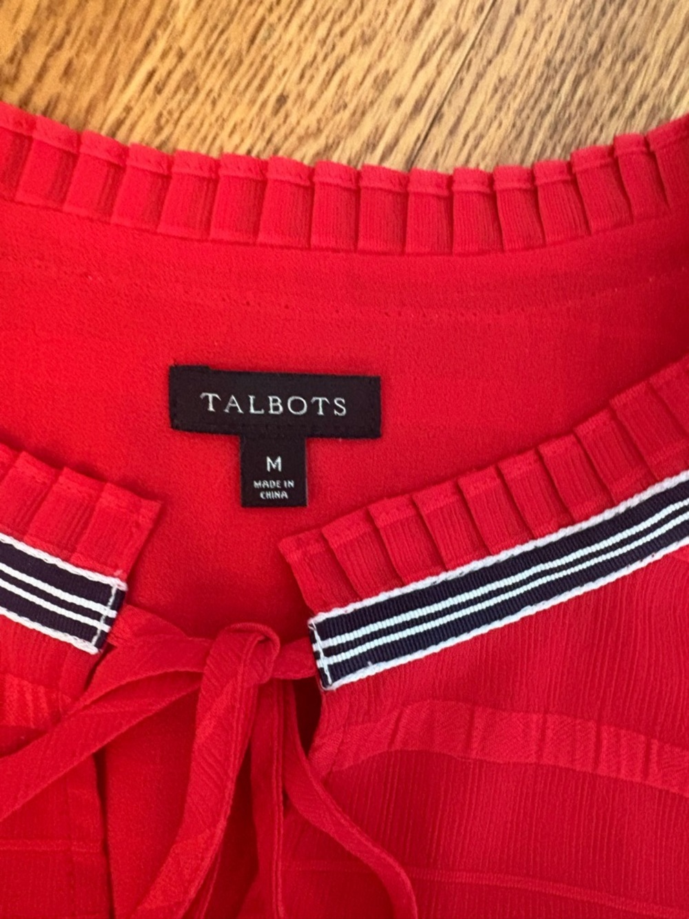 Talbots Red Textured Stripe Tie Neck Blouse Medium Nautical Trim Lined Top - Picture 6 of 10